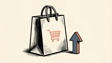Alibaba shares rise as a shopping bag with an upward arrow beside it.