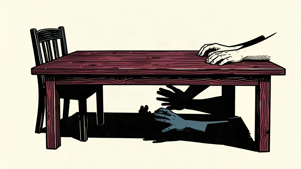 An editorial illustration showing a negotiation table where a shadow beneath the surface reveals a figure doing the opposite of what their hands on the table suggest.