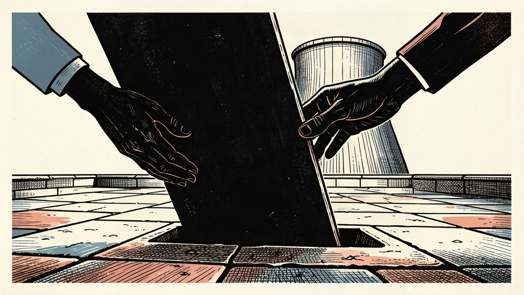 Editorial illustration of a thick black legislative slab being lowered to block the view of a distant nuclear cooling tower.