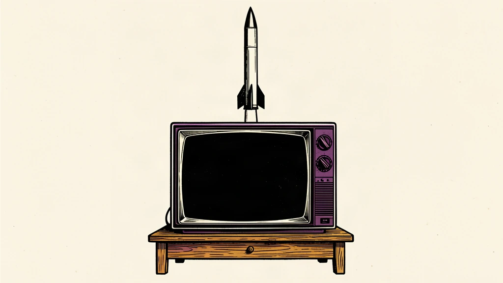 An illustration showing a blank television screen in the foreground while a missile silhouette rises silently behind it.
