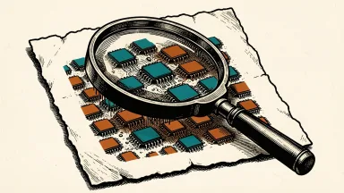 Nvidia stock claim: a magnifying glass placed on an old paper document reveals a rising grid of modern microchips emerging from the page.