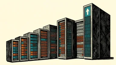 Everpure stock on a ten-day winning streak: a series of ten server racks arranged as a rising staircase, with the tallest rack featuring an upward arrow.