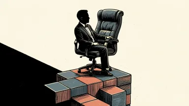 Everpure research on data sovereignty risks: an executive chair tilts on an unstable stack of data tiles, representing the threat to leadership roles.