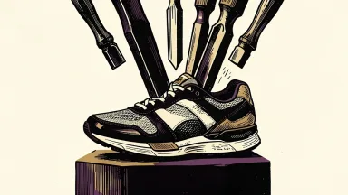 Nike price targets cut by multiple analysts: an athletic sneaker being compressed from above by several heavy chisels.