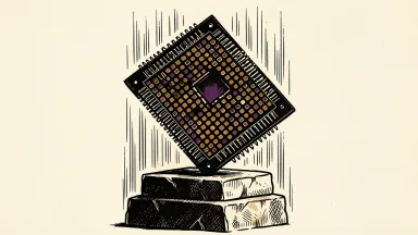 AMD stock rising after a price target increase: a large semiconductor chip being lifted upward by a solid stone plinth.