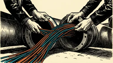 AT&T fiber venture closing: a bundle of glowing fiber optic cables being guided into a large conduit by hands.