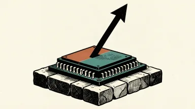 Micron earnings focus on margin and spending: a memory chip module on a stone foundation with a rising line indicating margin growth.