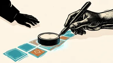 Adobe and the NHL partner on AI fan experiences: a hockey puck leaving a trail of digital data tiles as it is guided by a creative stylus.