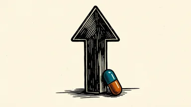 JP Morgan upgrades Biogen; an upward arrow with a pill capsule at its base.