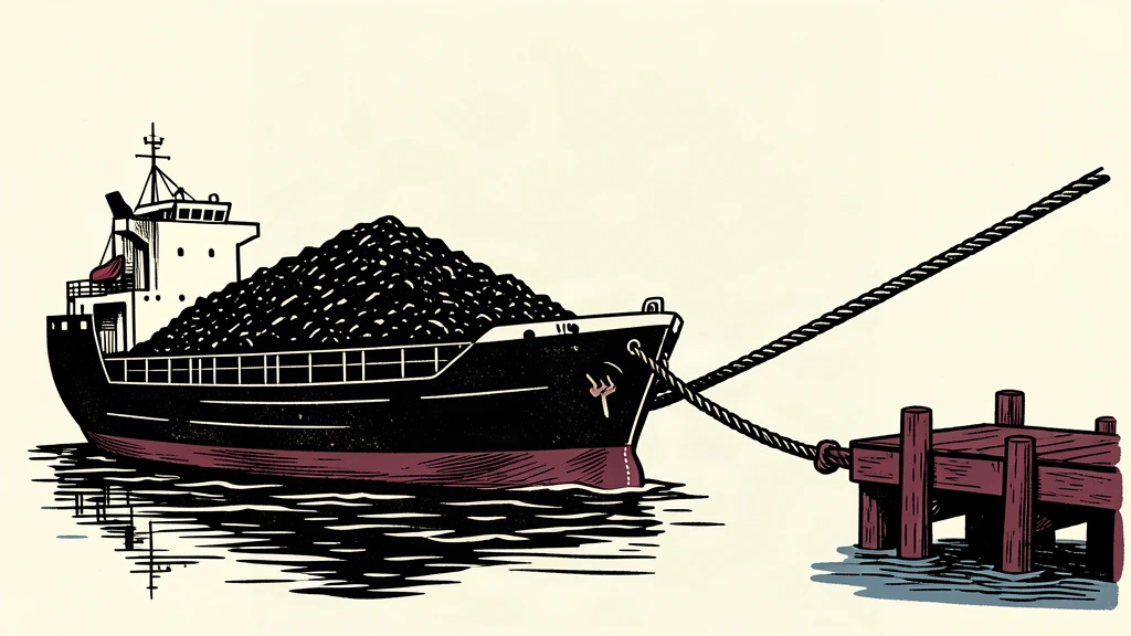 A cargo ship filled with coal is connected to a pier by a heavy rope, symbolizing a potential trade link.