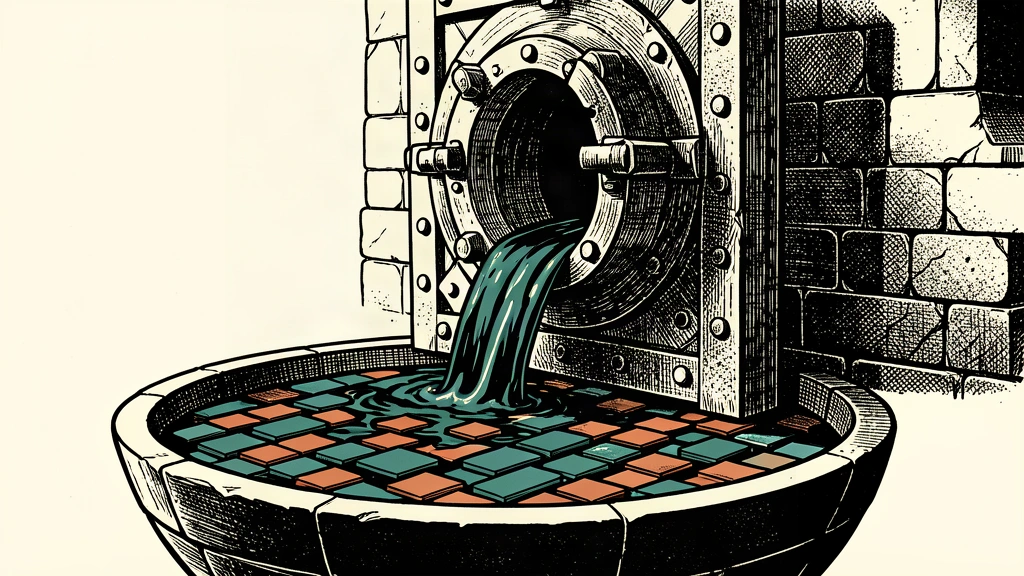 An editorial illustration of a heavy vault door releasing a steady flow of liquid onto a bed of rectangular tiles.