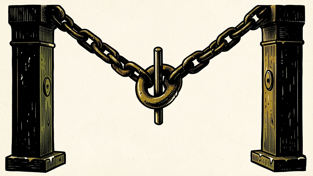 Cheetah Net Supply Chain Service Inc. (CTNT) trading halt: a heavy industrial chain is locked in place by a thick metal pin between two iron pillars.