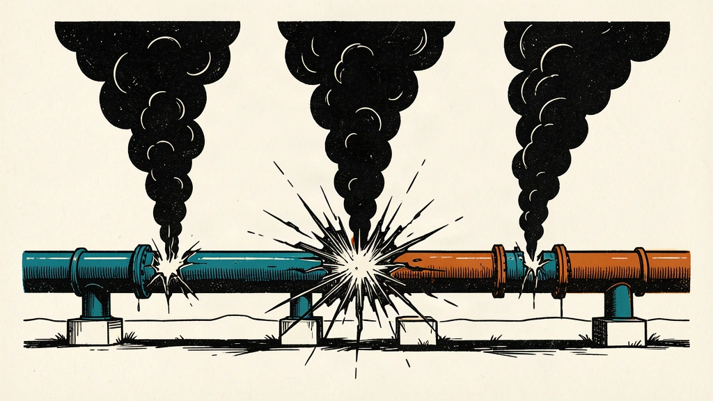 An editorial illustration of a long pipeline with three separate points of damage and rising smoke plumes.