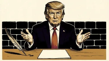 Donald Trump negotiating Russia-Ukraine peace: a portrait of Trump near an unsigned document and a quill pen, with a dark stone wall in the background. Identity photo references adapted into illustration: Daniel Torok (Public domain; https://commons.wikimedia.org/wiki/File:Official_Presidential_Portrait_of_President_Donald_J._Trump_(2025).jpg); source https://commons.wikimedia.org/wiki/File:Official_Presidential_Portrait_of_President_Donald_J._Trump_(2025).jpg