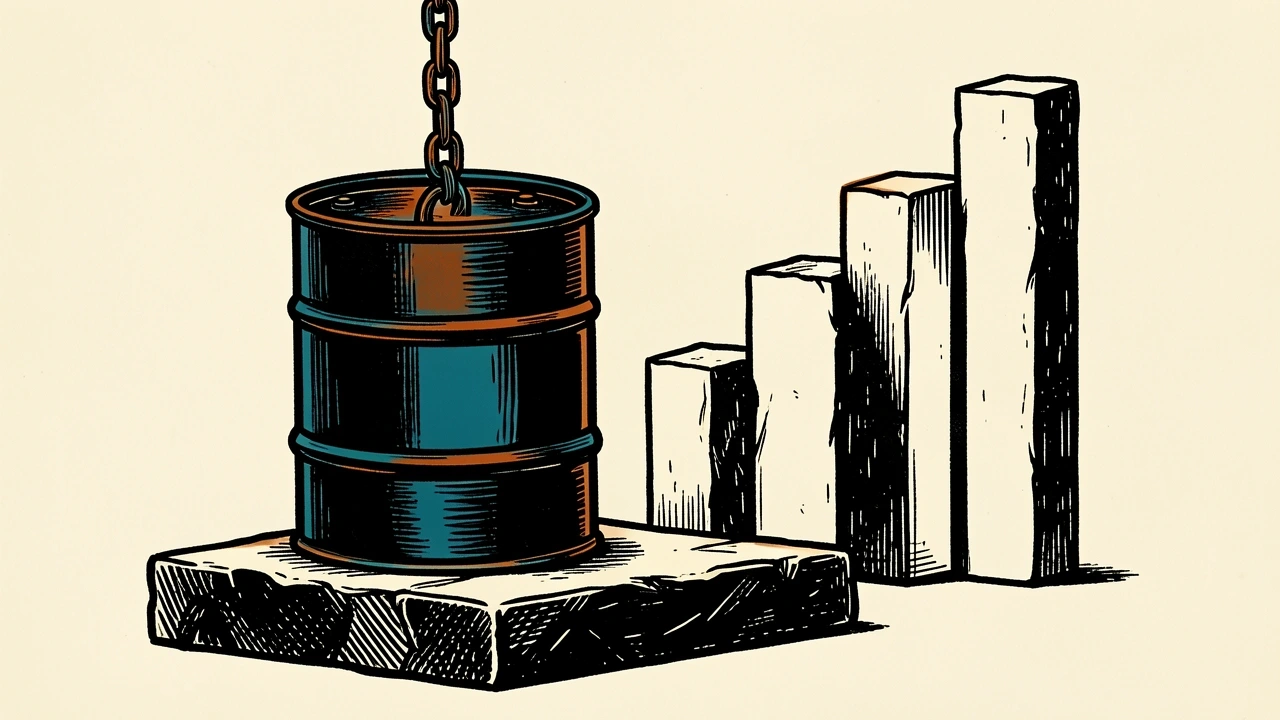 Oil prices and bond yields rising: a heavy oil barrel is pulled upward by a thick chain next to three blank stone pillars of increasing height.