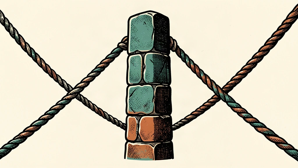 A heavy stone pillar acts as a central anchor for two horizontal ropes that define a narrow path.