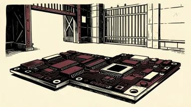 Skyworks and Qorvo merger following regulatory clearance: two large circuit boards interlocking on a flat surface with an open gate in the background.