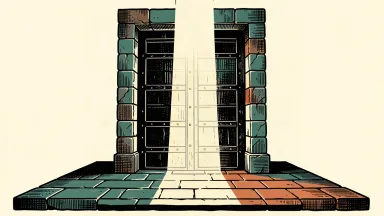 Saudi National Bank's stable credit rating: a massive, closed stone vault door anchored by a solid pillar of light.