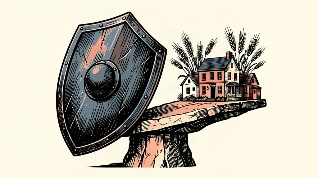 A large, heavy shield outweighs a small cluster of civilian buildings on a balanced scale, representing the massive GDP allocation for defense.