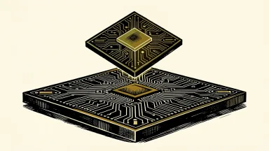 OpenAI and Synopsys partnership for chip design: a geometric intelligence tile descending to align with the intricate patterns of a silicon chip wafer.