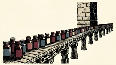 Cardinal Health extends its CVS distribution agreement: a long conveyor belt of medicine bottles stretching toward a distant stone pillar.