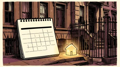 New York City's Airbnb crackdown: a brownstone building behind a gate with a calendar showing a thirty-day rental period.