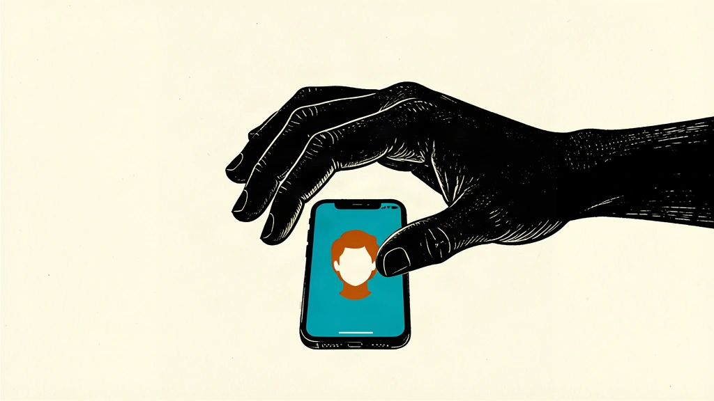 An editorial illustration showing a large protective hand silhouette hovering over a smaller digital profile icon on a smartphone screen.