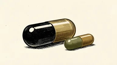 Bristol-Myers Squibb trial of admilparant: a large pharmaceutical capsule beside two smaller capsules representing the different dosage levels tested.