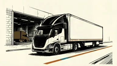 Tesla Semi production begins: a heavy electric truck with a streamlined cab drives out of a large factory bay.