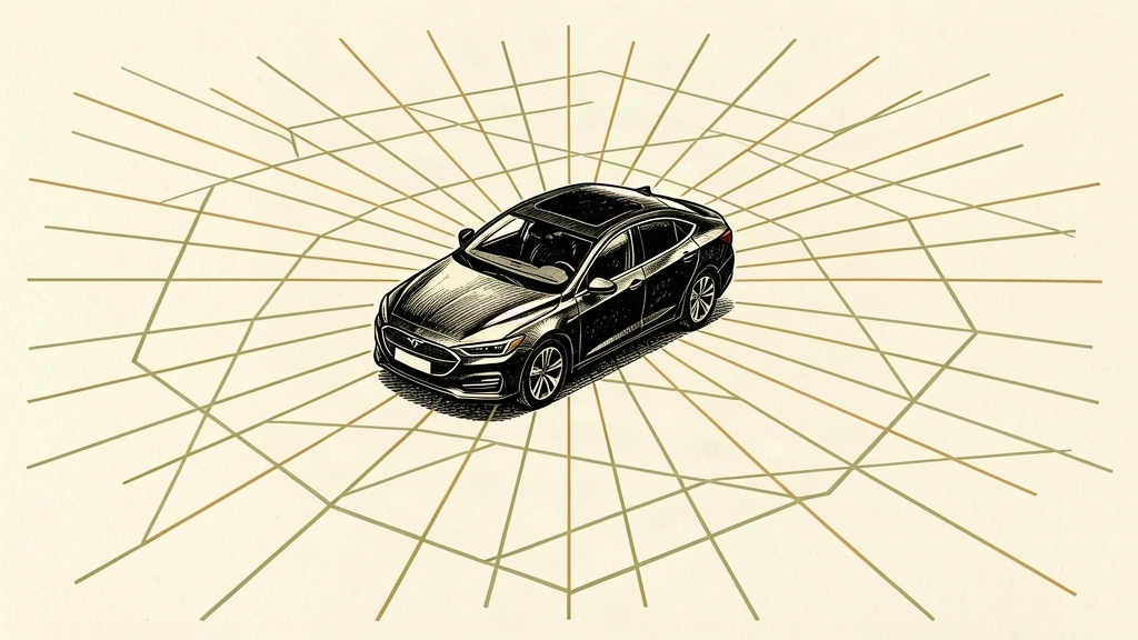 An electric car at the center of a vast network of radiating path lines on ivory paper.