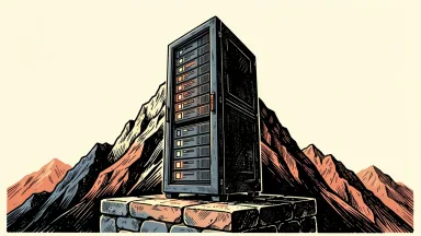 The Nasdaq 100 reaching a new milestone: a server rack positioned at the peak of a high mountain.