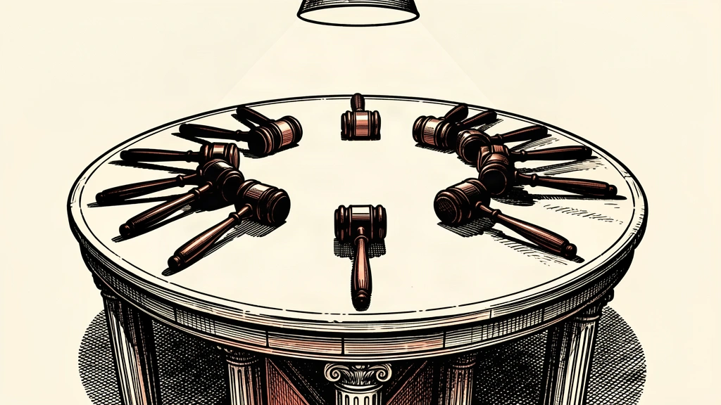 A circle of gavels on a stone table representing a unanimous institutional decision.
