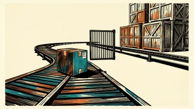 Small business tariff refunds delayed: a small shipping parcel is stopped by a heavy gate on a long conveyor belt while larger crates pass freely on another track.