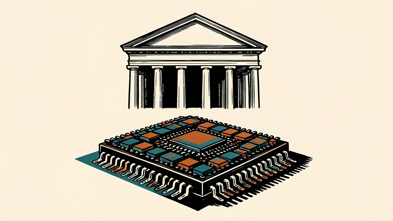 Nvidia's role in AI policy: a large computer processor chip sits before the silhouette of the White House portico.