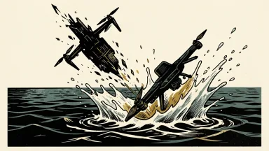 Romania shoots down two drones over the Black Sea: two dark drone silhouettes rupturing and falling into the water.