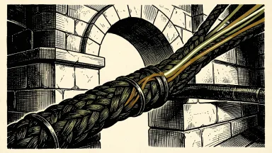 Volante and Circle integrate USDC into bank payment rails: a glowing digital line merges into a bundle of traditional heavy cables passing through a stone arch.
