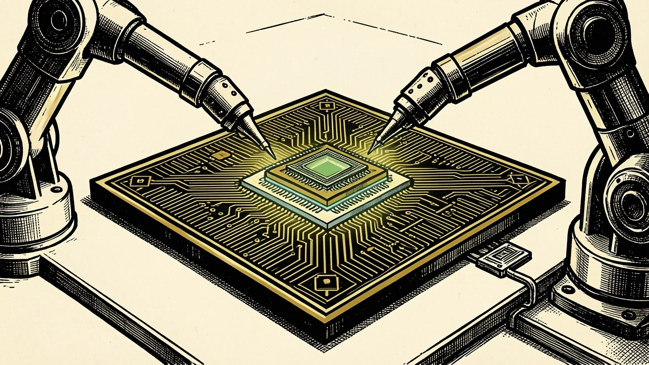 Applied Materials and Intel collaborate on AI chipmaking: two robotic arms precisely placing a central processor core onto a large silicon wafer.