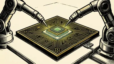 Applied Materials and Intel collaborate on AI chipmaking: two robotic arms precisely placing a central processor core onto a large silicon wafer.