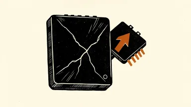 Micron stock falls as a cracked memory chip faces competition from a smaller rival chip with a rising arrow.