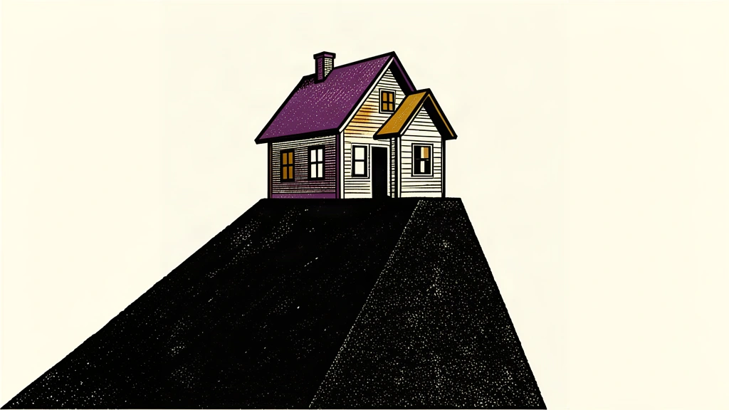An editorial illustration showing a simple house silhouette perched at the top of a steep, rising black wedge against an ivory background, representing rising mortgage rates.