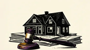 Better Home & Finance faces a securities fraud lawsuit: a house silhouette sits atop a stack of legal documents with a large gavel in the foreground.