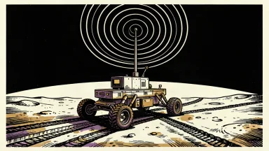 An editorial illustration of a lunar rover on the moon's surface broadcasting data rings into space.