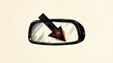 Gentex stock facing a downgrade: a large rearview mirror with a heavy downward-pointing arrow overlapping its surface.
