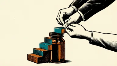 AbbVie's Parkinson's drug JUVMO approved: a medicine bottle with ascending steps rising from it, supporting hands performing a daily task.