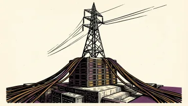 Kentucky Power and TeraWulf expand their energy agreement: a large electrical transmission tower supported by server racks with power lines feeding a data center.