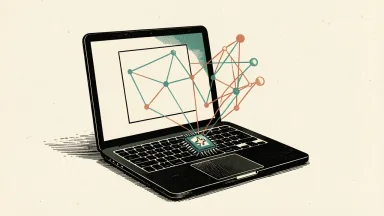Dell XPS 16 Creator Edition laptop with Nvidia RTX Spark: a modern laptop with a blank screen and a stylized microchip emitting a digital network.