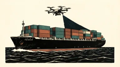 NATO weighs response to Black Sea drone attacks: a commercial cargo ship on a dark sea protected by a solid wall from a hovering drone silhouette.