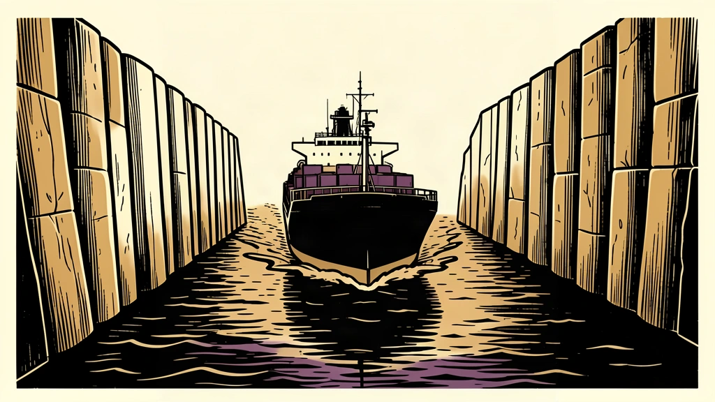 An editorial illustration showing a large cargo ship safely navigating a narrow, protected waterway between two massive stone barriers.