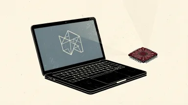 Microsoft Surface Laptop Ultra and an AI microchip: a sleek open laptop sits next to a highlighted semiconductor chip on a minimalist surface.
