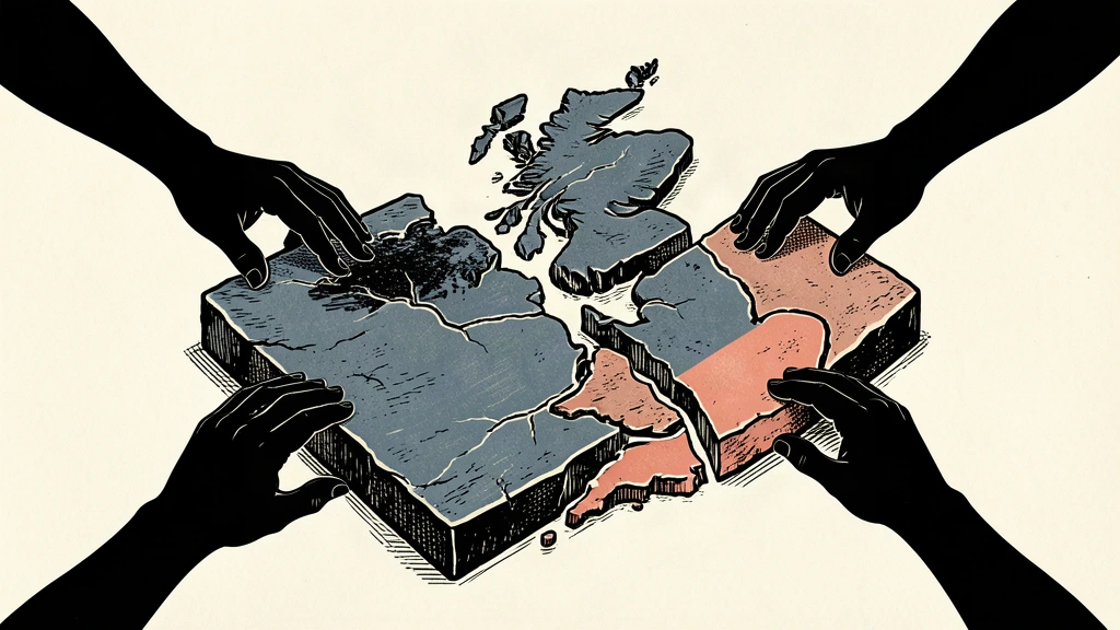 An editorial illustration of a stone map of the UK beginning to separate along regional borders as silhouetted hands reach for the pieces.